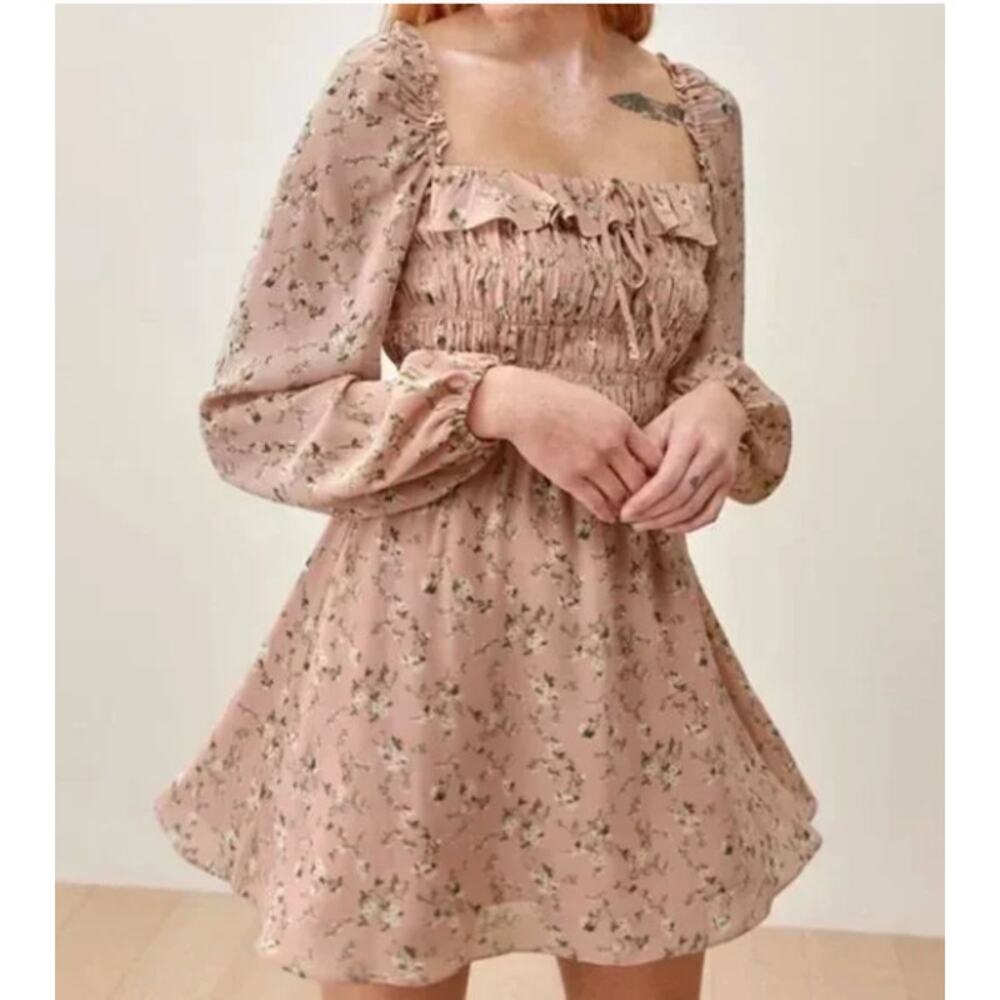 Reformation  Morris Floral Mini Dress Pink Cottagecore Romantic Smocked Size 8